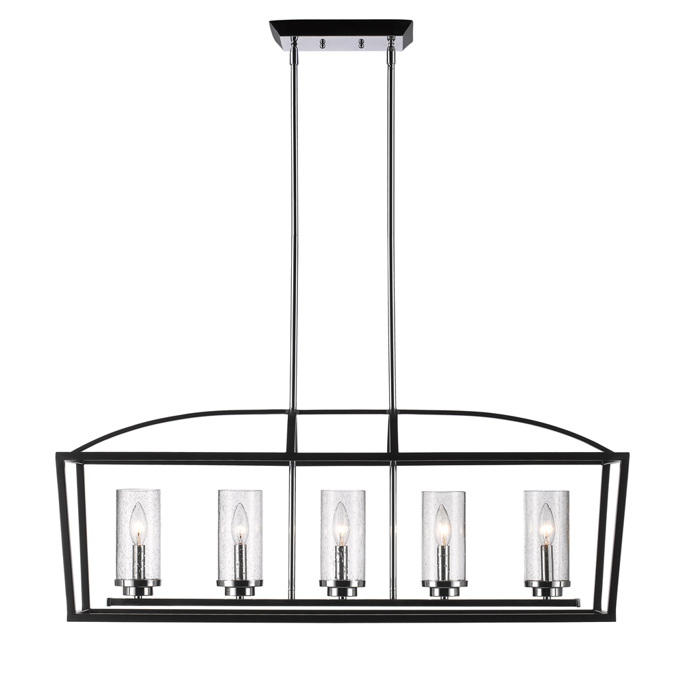 Mercer 5 Light Linear Pendant in Matte Black with Chrome accents and Seeded Glass