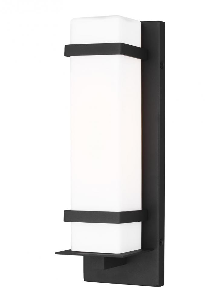 Alban modern 1-light LED outdoor exterior small square wall lantern sconce in black finish with etch