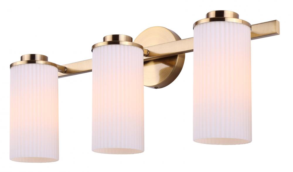 KINSLEA 23 in. 3 Light Gold Vanity with White Ribbed Glass Shade